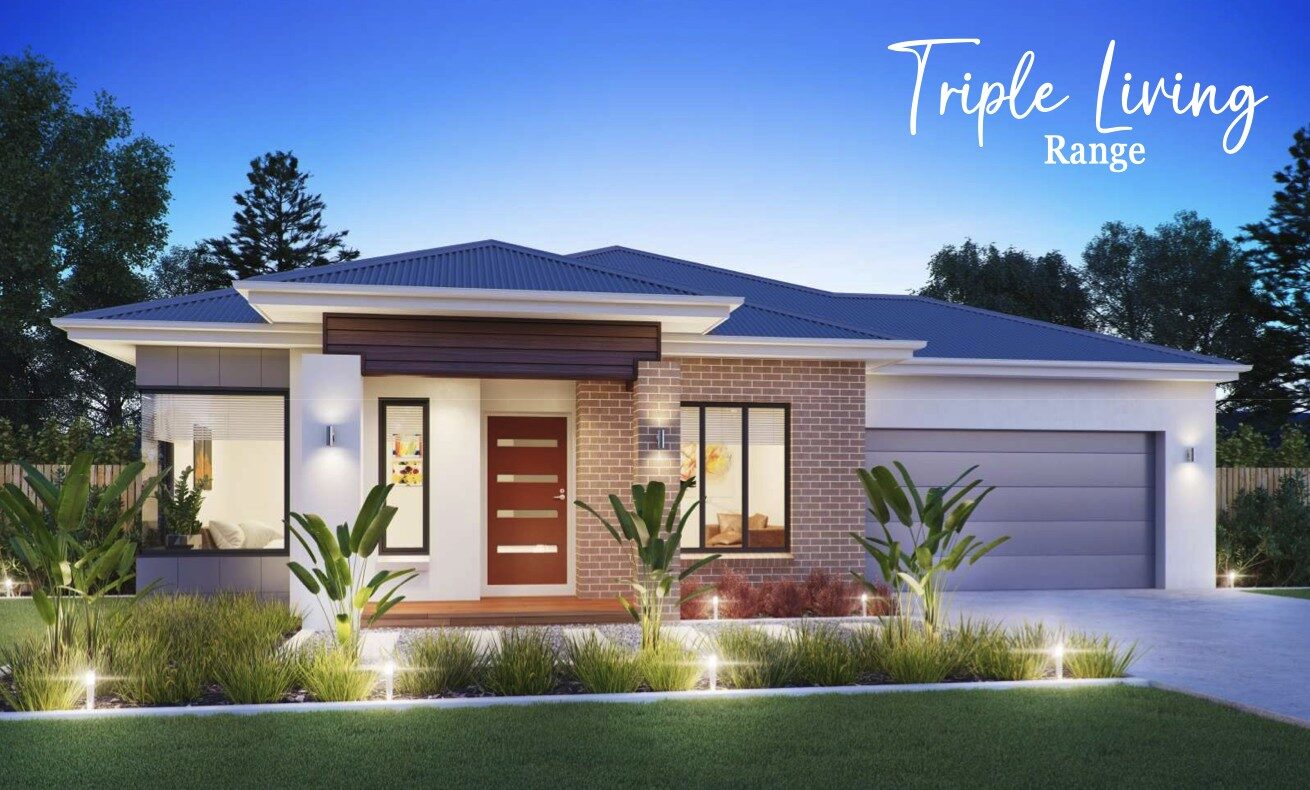 Modern single-storey home facade at twilight, Triple Living Range display with landscaping.