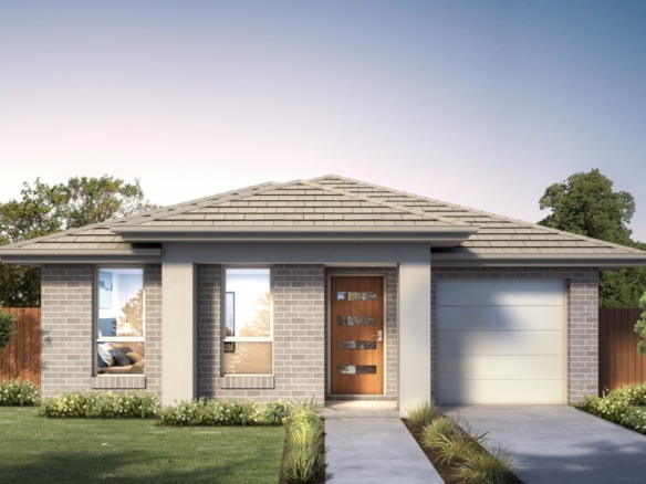 Modern single-storey grey brick house with hip roof, timber door, garage, landscaped garden.