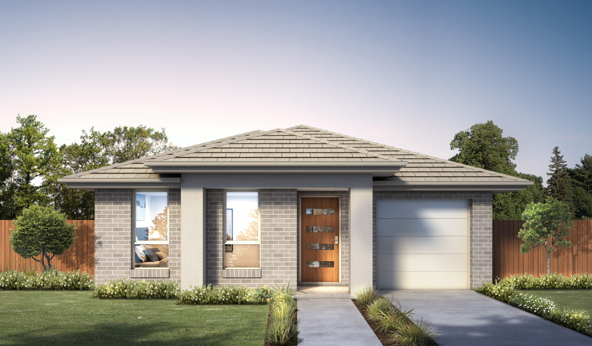 Modern single-storey grey brick house with hip roof, timber door, garage, landscaped garden.