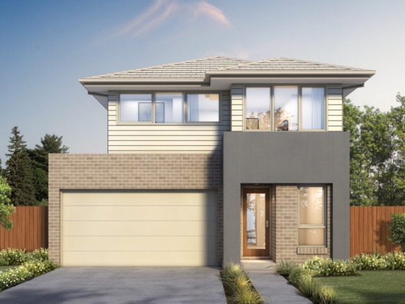 Modern Australian two-storey brick and weatherboard house with double garage and landscaped front garden.