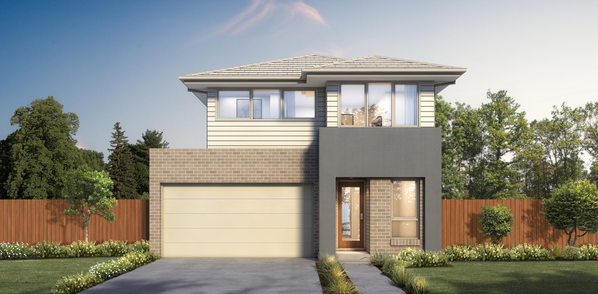 Modern Australian two-storey brick and weatherboard house with double garage and landscaped front garden.