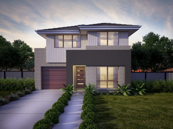 Modern two-storey Australian home facade at dusk with brick, timber garage and minimalist landscaping.