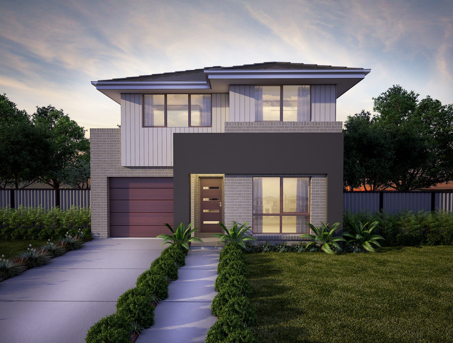 Modern two-storey Australian home facade at dusk with brick, timber garage and minimalist landscaping.