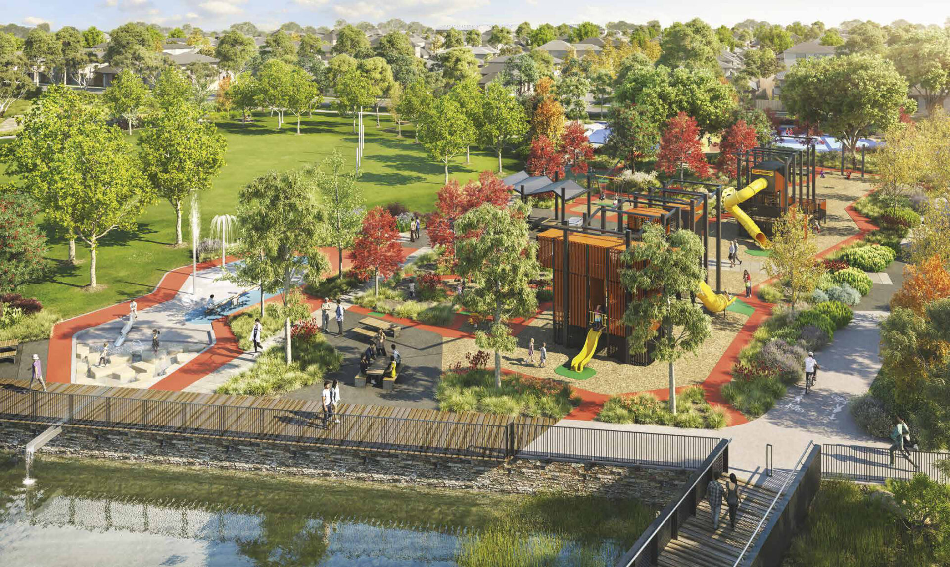 Vibrant Australian park with waterfront, playground, splash pad, walking paths, and family recreation areas.