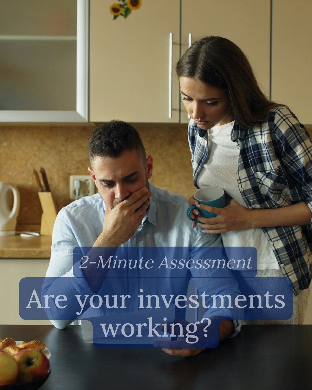 Couple reviewing home finances and investments in kitchen during quick 2-minute investment assessment.
