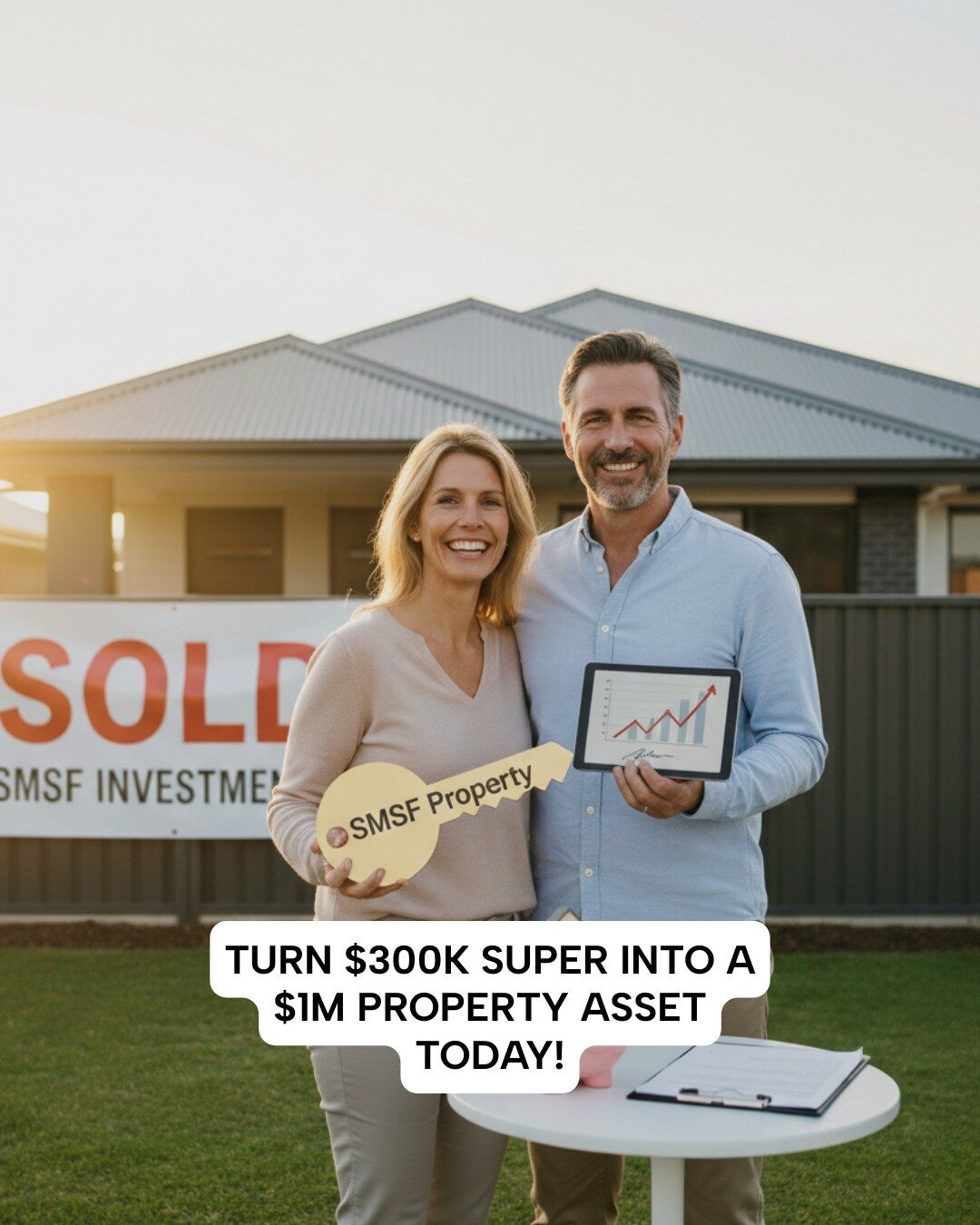 Happy couple buying SMSF investment property with $300k super to $1m asset growth.