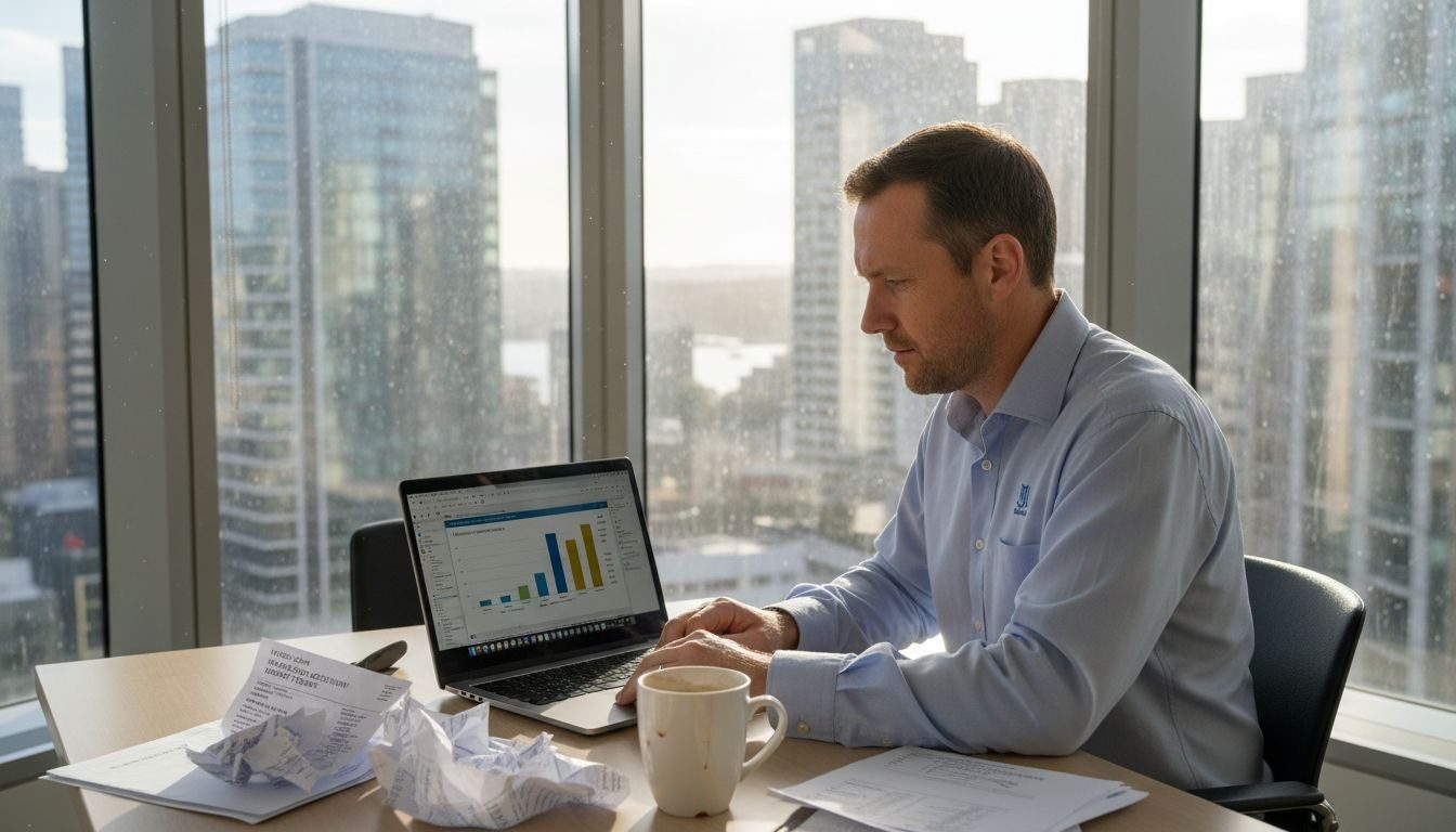 Professional man working on finance data, high-rise office city skyline.