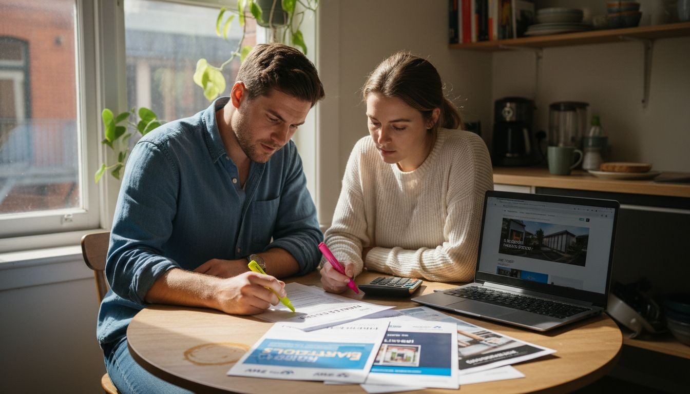 Young couple calculating home loan budget and reviewing real estate documents.
