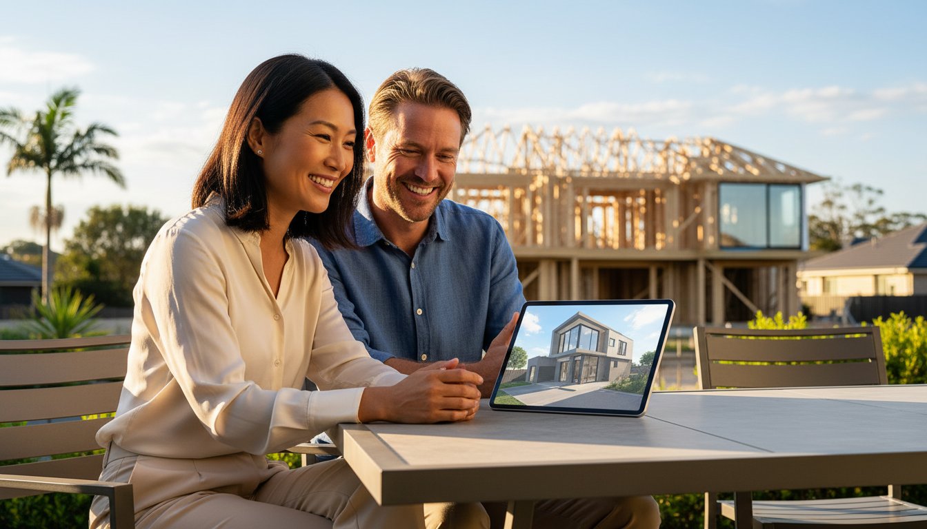 Happy Australian couple planning their dream home with tablet and house construction background.
