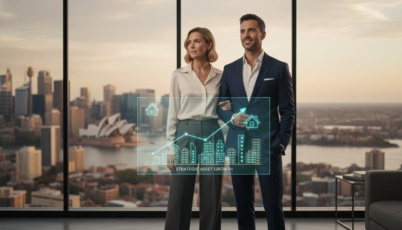 Strategic Australian property portfolio growth plan visualization over Sydney skyline.
