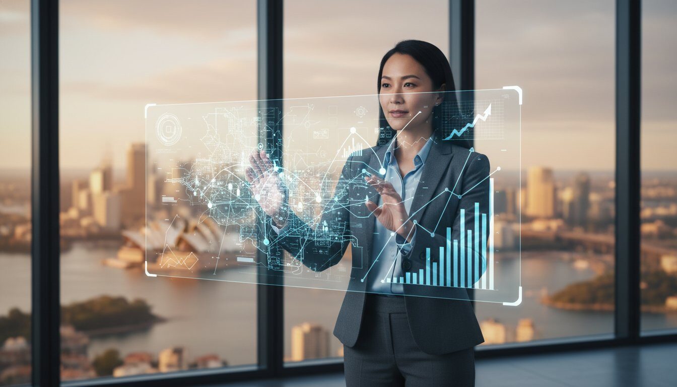 Professional woman analyzing property portfolio investment data for financial planning success.