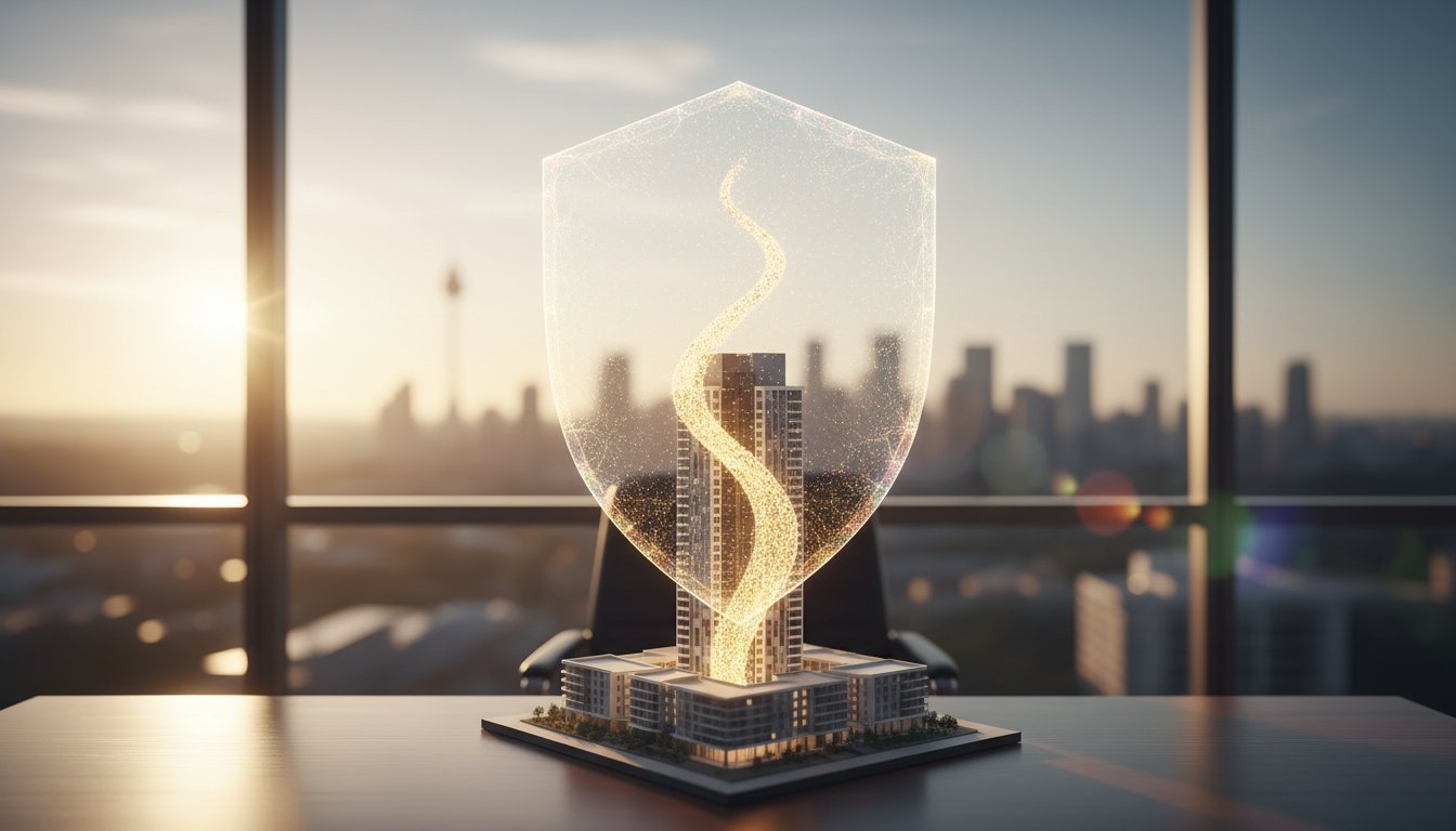 Futuristic urban development model with high-rise, holographic shield, and city skyline at sunrise.