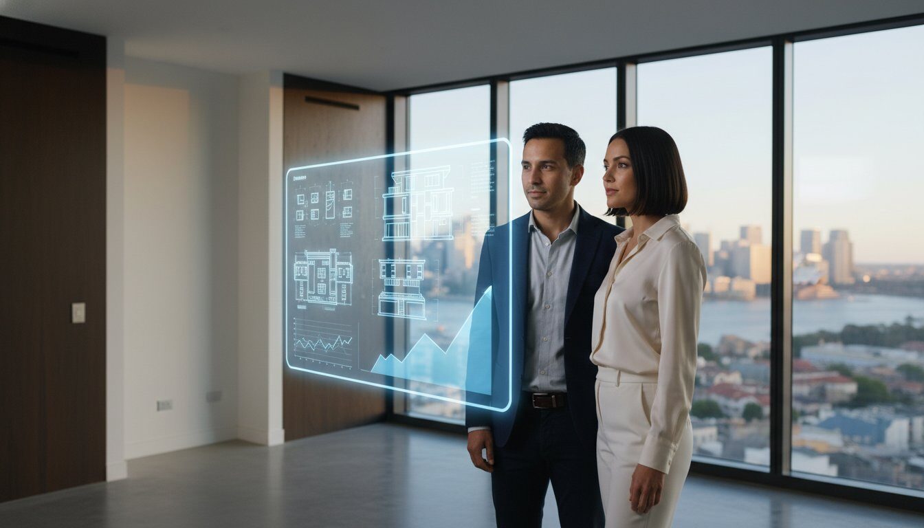 Futuristic analysis of urban real estate investment using holographic blueprints in modern high-rise office.