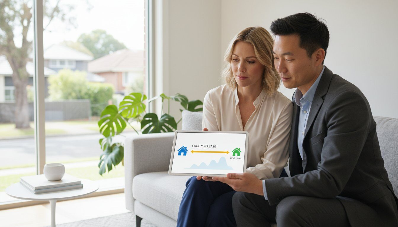 Couple using home equity to buy a second property on a tablet.