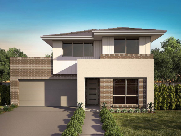 Modern two-storey house with contemporary design, lush landscaping, and secure homeownership in Australia.