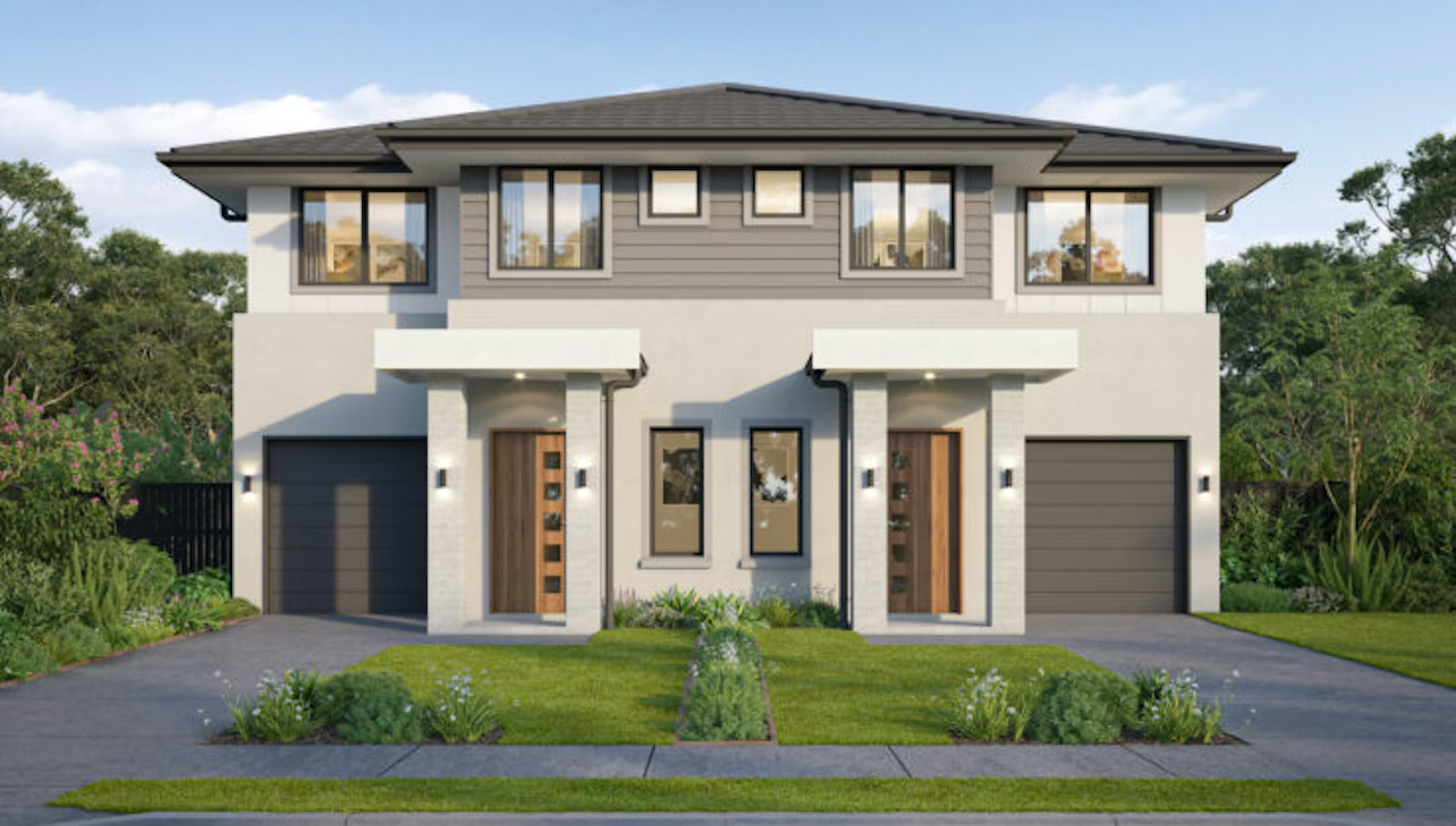 Modern duplex with contemporary design, large windows, lush landscaping, and welcoming suburban appeal.