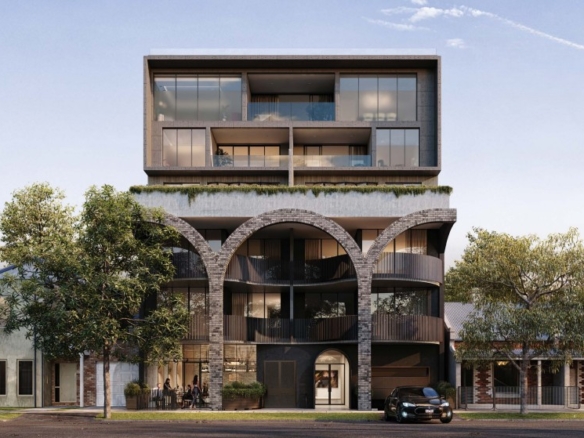 Modern multi-story residential building with arched balconies, glass facades, and urban greenery.