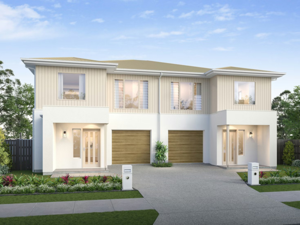 Contemporary twin duplex house front with white exterior, wooden garages, large windows, and lush landscaping.