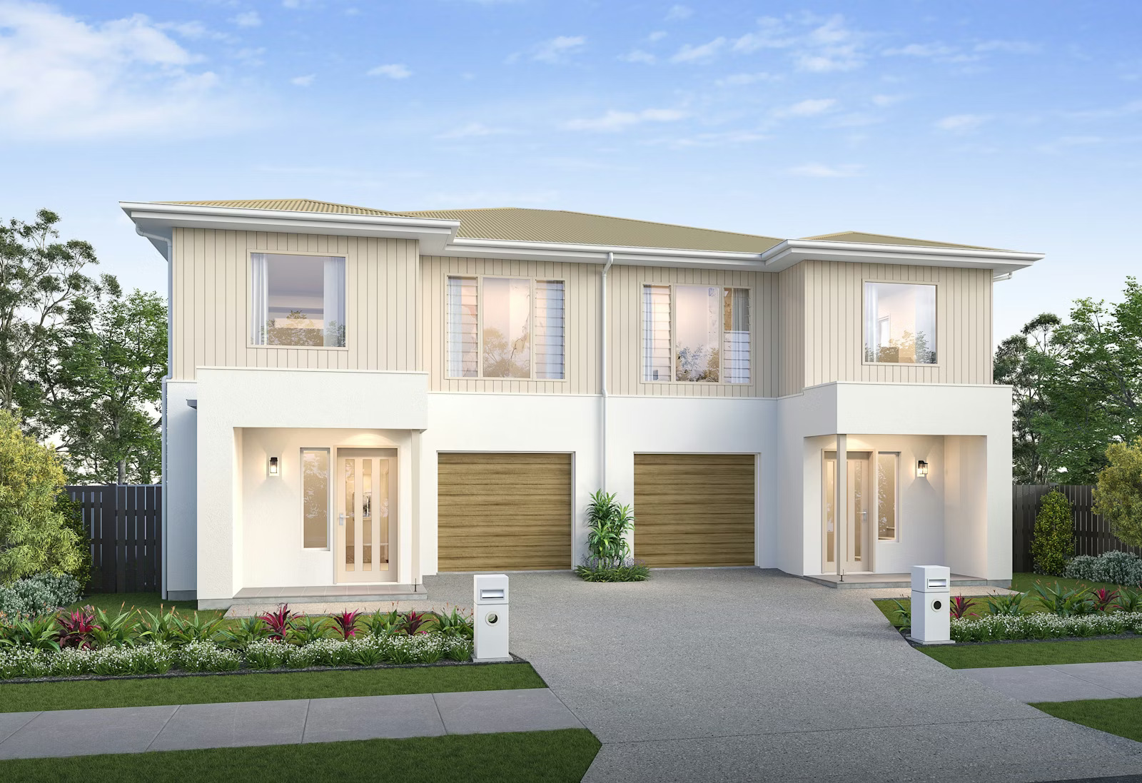 Contemporary twin duplex house front with white exterior, wooden garages, large windows, and lush landscaping.