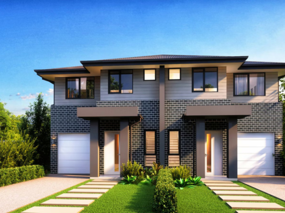 Modern duplex house with landscaped gardens, large windows, and contemporary architectural design.