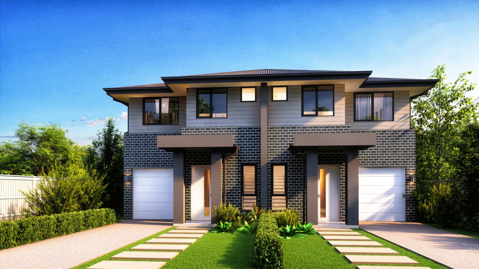 Modern duplex house with landscaped gardens, large windows, and contemporary architectural design.