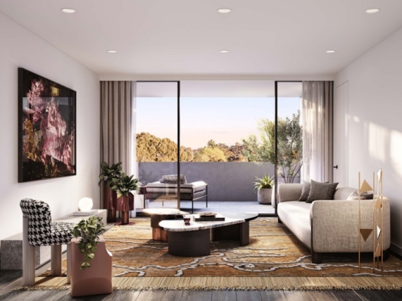 Modern living room with balcony, natural light, stylish furniture, abstract art, and indoor plants.