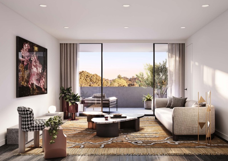 Modern living room with balcony, natural light, stylish furniture, abstract art, and indoor plants.