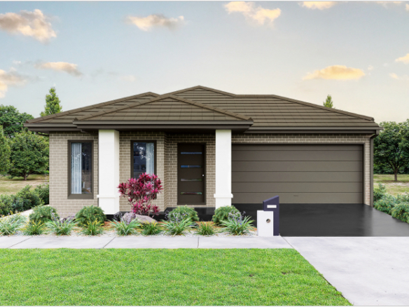 Modern gray brick suburban house with landscaped garden and double garage driveway.