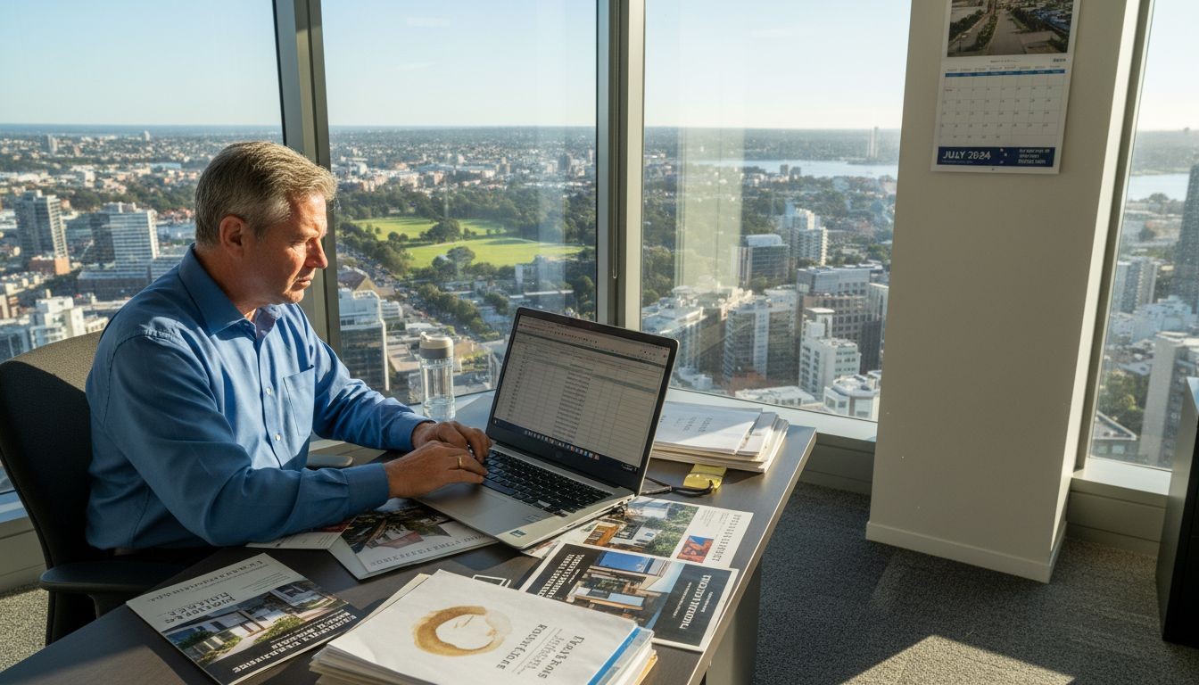 Businessman working on laptop in modern city office with panoramic urban view and July 2024 calendar.