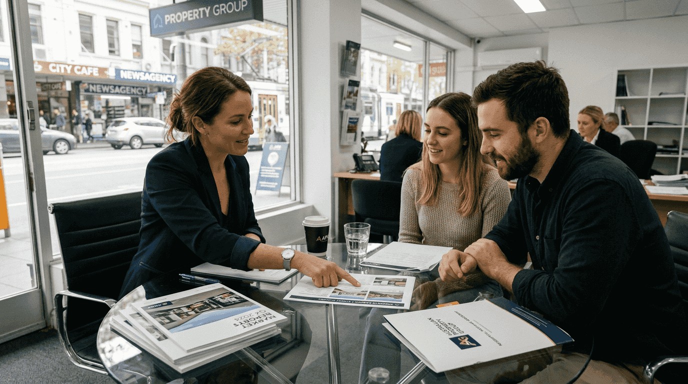 Real estate agent consulting with young couple in modern urban office.