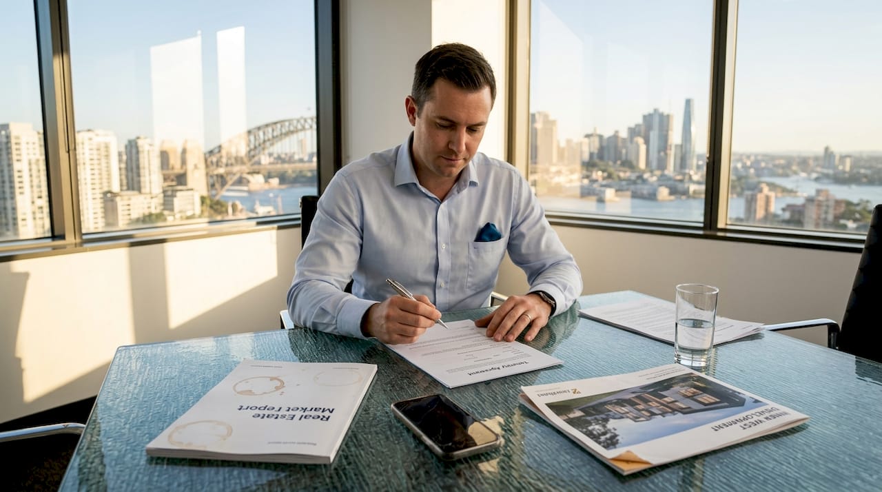 Businessman signing real estate contract in modern city office with skyline view.