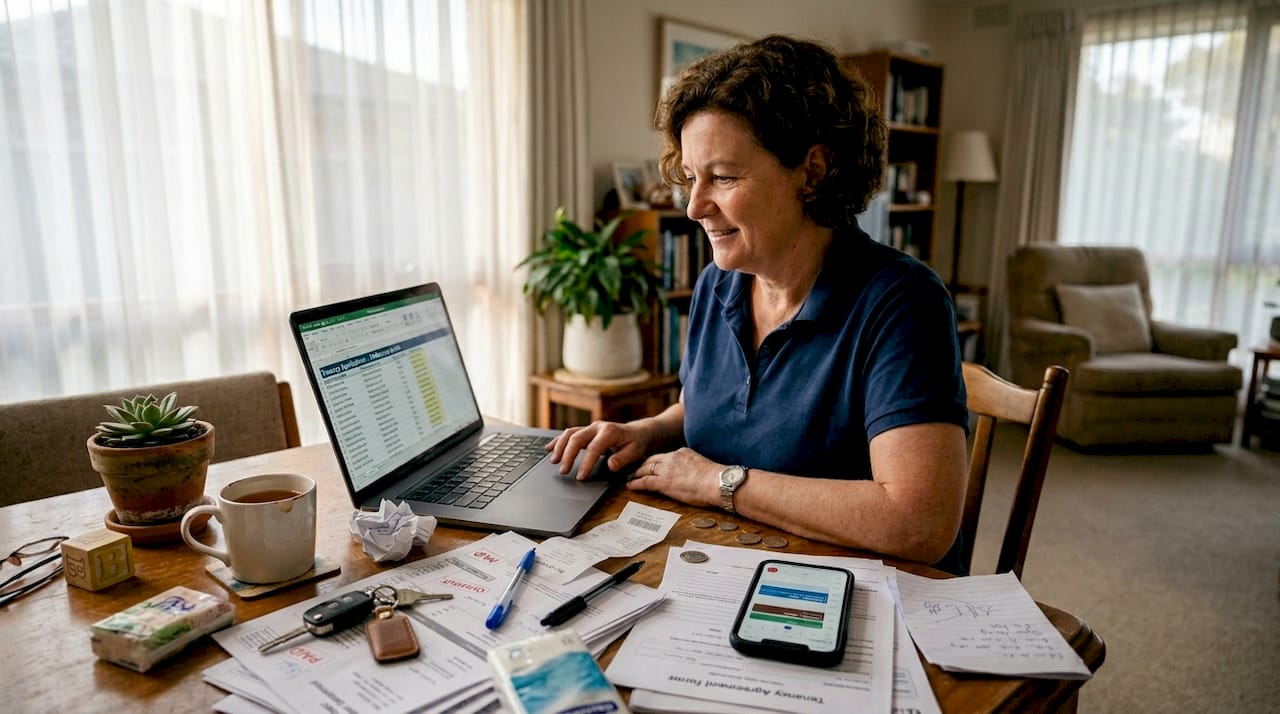 Woman working on finances and rent applications at home with laptop and documents.