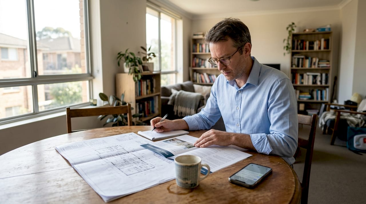 Man reviewing architectural blueprints and property documents at home in a cosy, sunlit study.