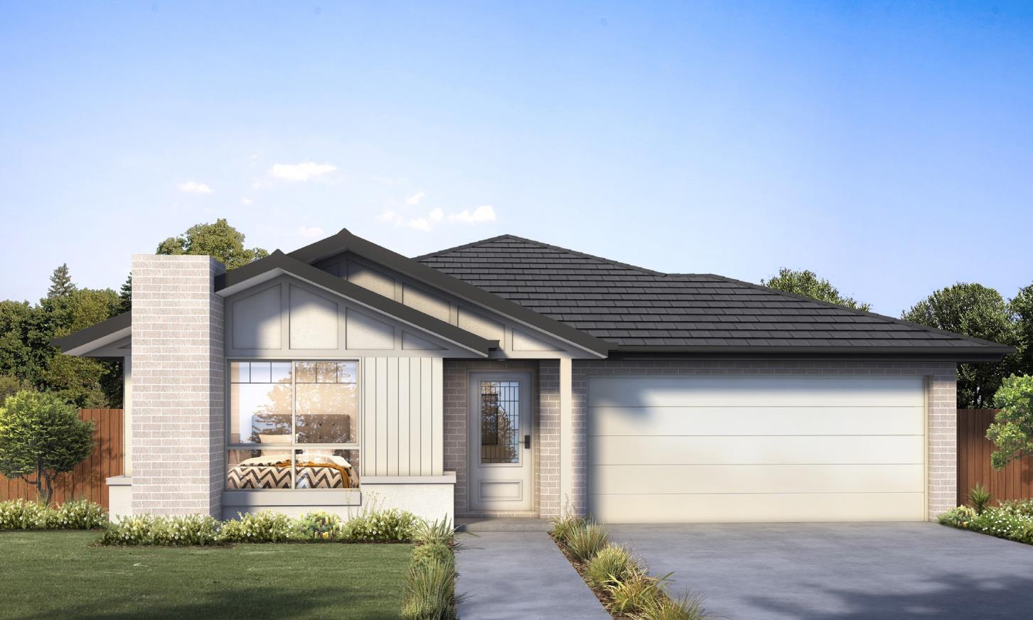 Modern suburban house with brick and siding exterior, large windows, and landscaped garden.