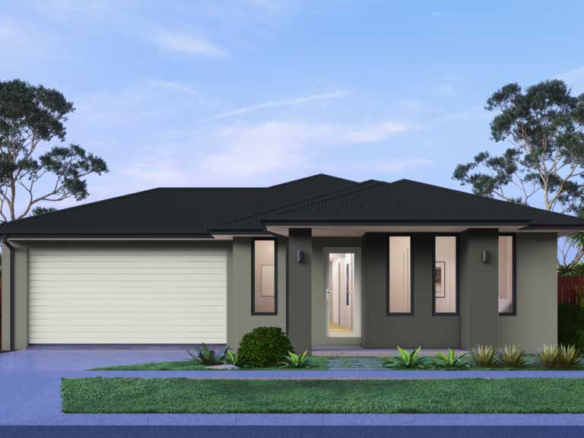 Modern minimalist house with grey exterior, vertical windows, landscaped garden, driveway, and wooden fence.