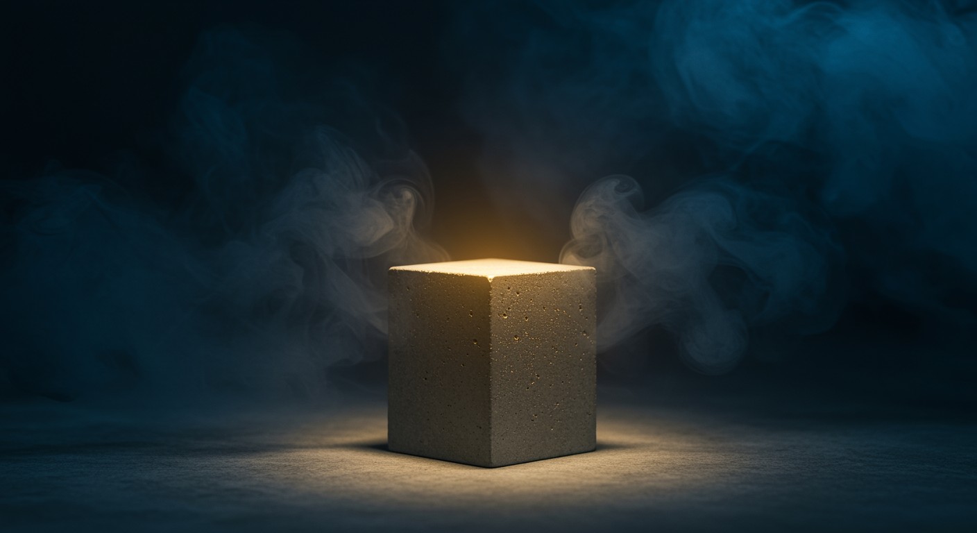 Concrete cube with swirling vapor illuminated in a minimalistic, industrial-themed scene.