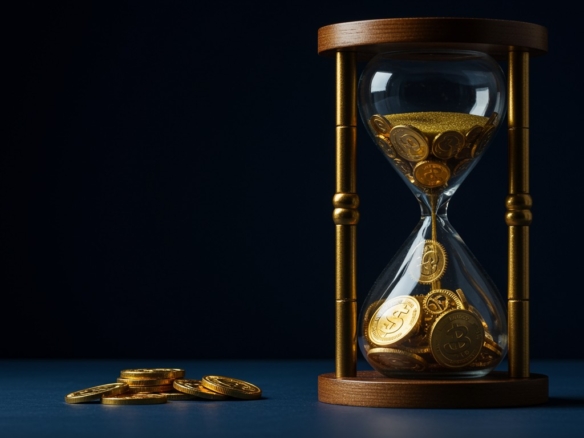 Hourglass with gold coins symbolising time and wealth, representing financial growth and value.