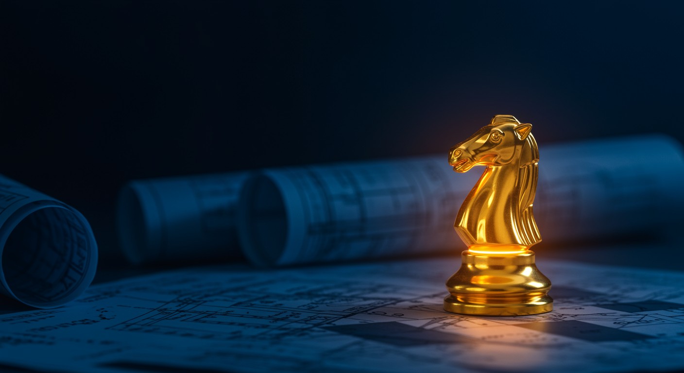 Golden chess knight with blueprints symbolising strategic planning and investment in Australia.