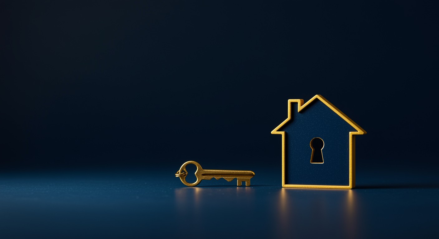 Elegant gold key and blue house frame symbolising property security and investment access in Australia.