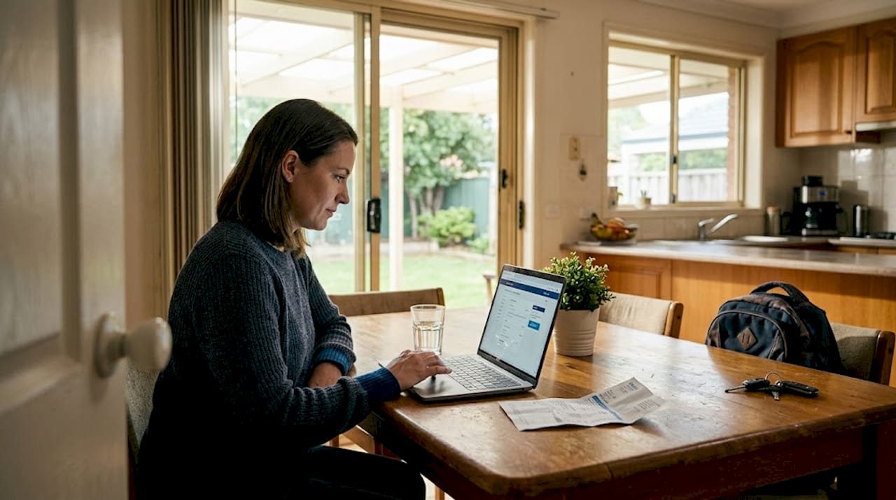 Woman working on laptop at home, reviewing credit score for a home loan.