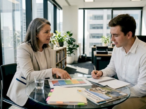 Property mentor advising investor in glass office