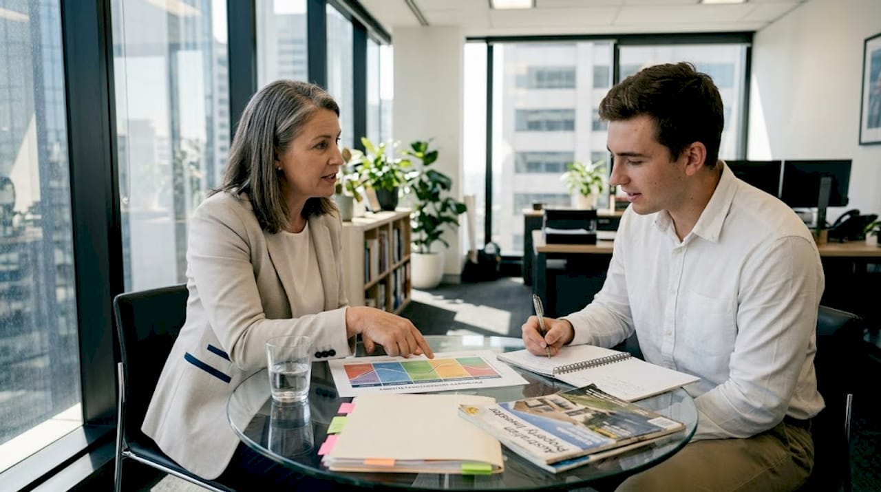 Property mentor advising investor in glass office