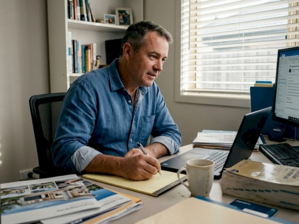 Investor preparing property documents in home office