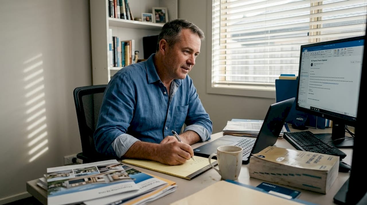 Investor preparing property documents in home office