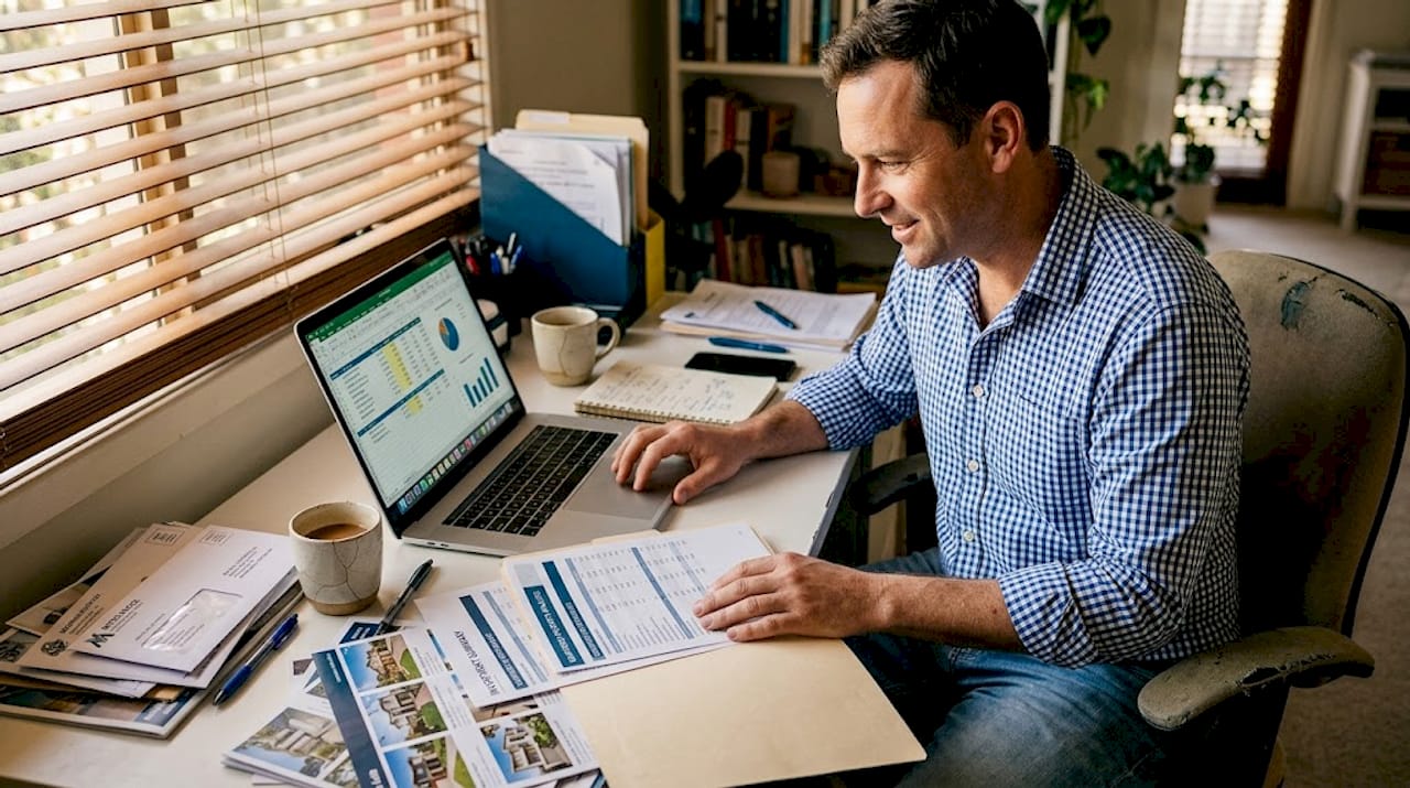 Investor reviewing property reports in home office