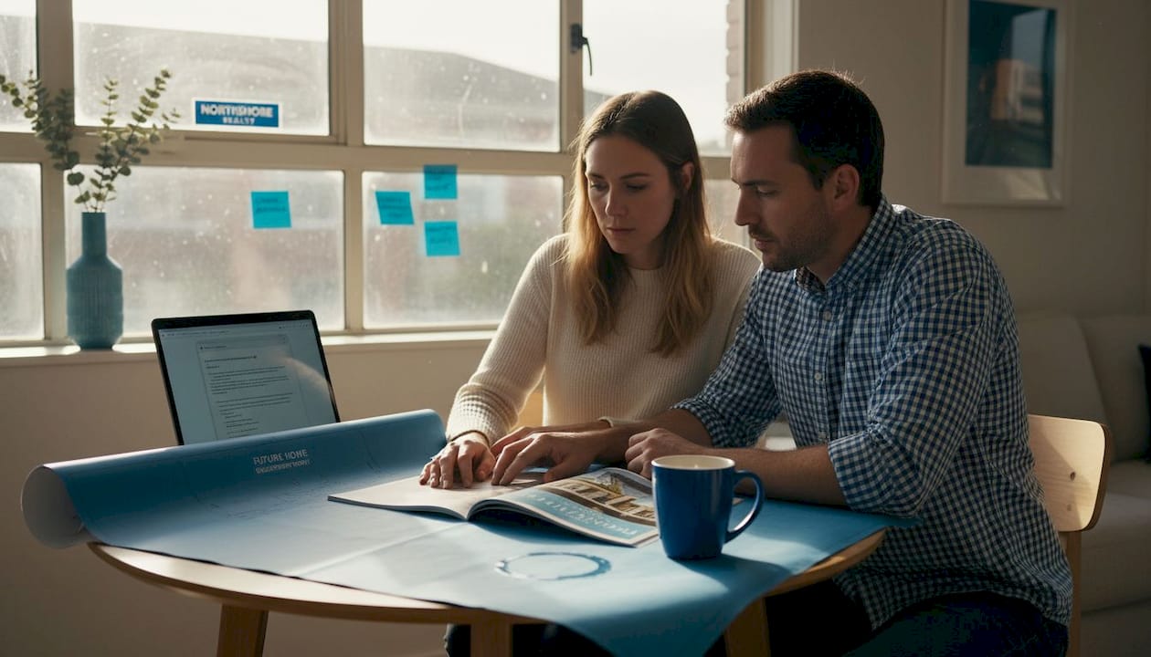 Couple reviewing property blueprint at home table