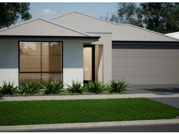 Contemporary minimalist house with garage, lush lawn, wooden blinds, and modern suburban garden.