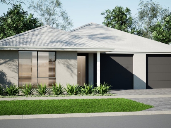 Modern single-storey house with hipped metal roof, double garage, floor-to-ceiling window, minimalist landscaping.