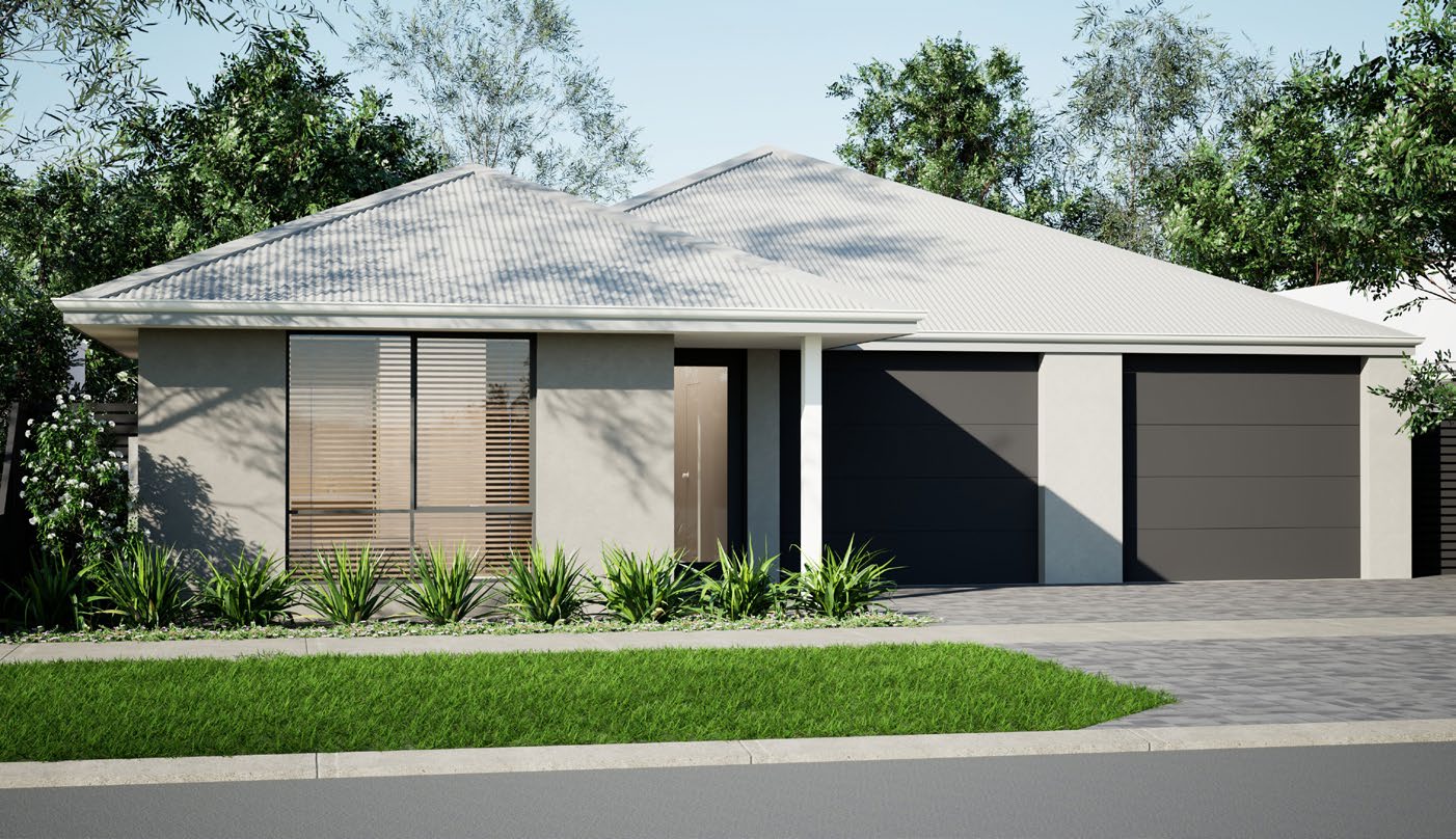 Modern single-storey house with hipped metal roof, double garage, floor-to-ceiling window, minimalist landscaping.