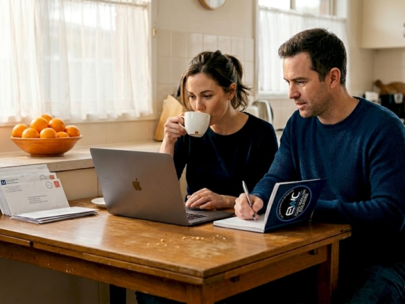 Couple reviewing property listings at a kitchen table.